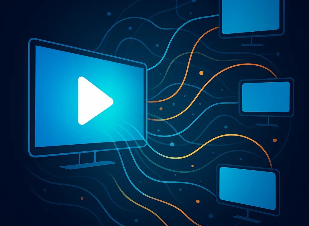 Illustration showing IPTV streaming concept with multiple devices and network lines.