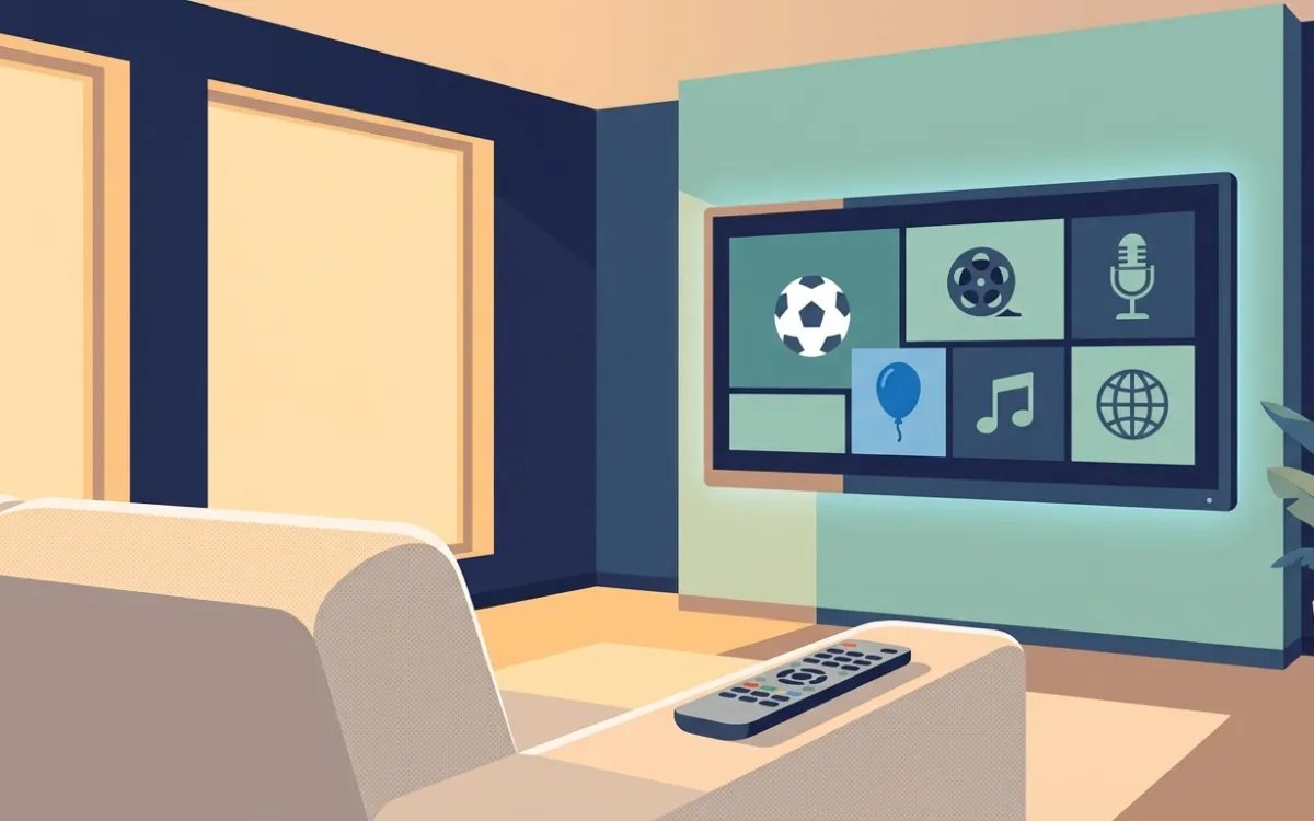 IPTV channel categories displayed on a smart TV screen in a modern Canadian living room